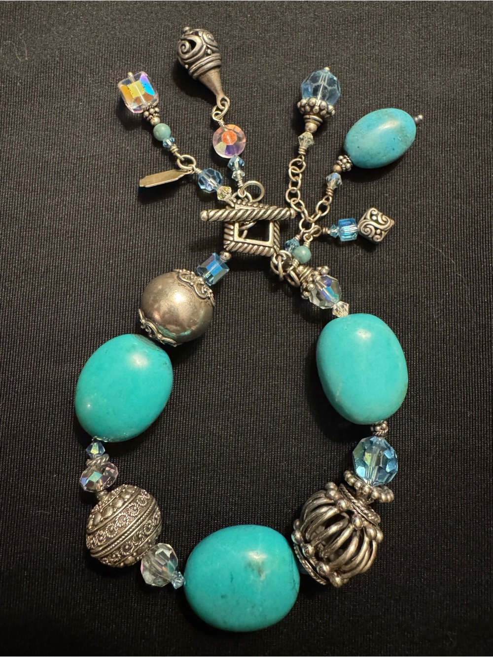 Tres Jolie Sterling Silver Turquoise Blue Crystal Artisan Charm Bracelet 8”